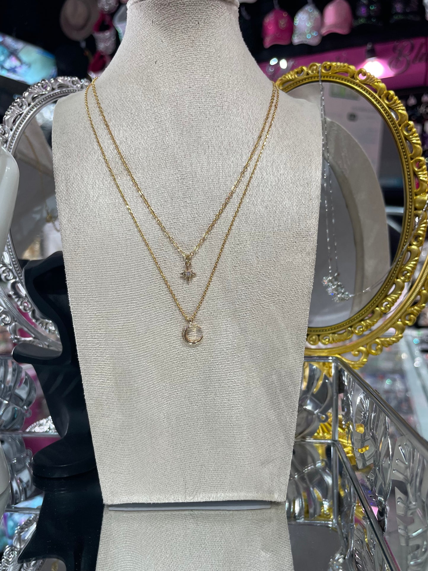 Collar de Zirconia con doble cadena y dije de Luna con Estrella - Bling Bling