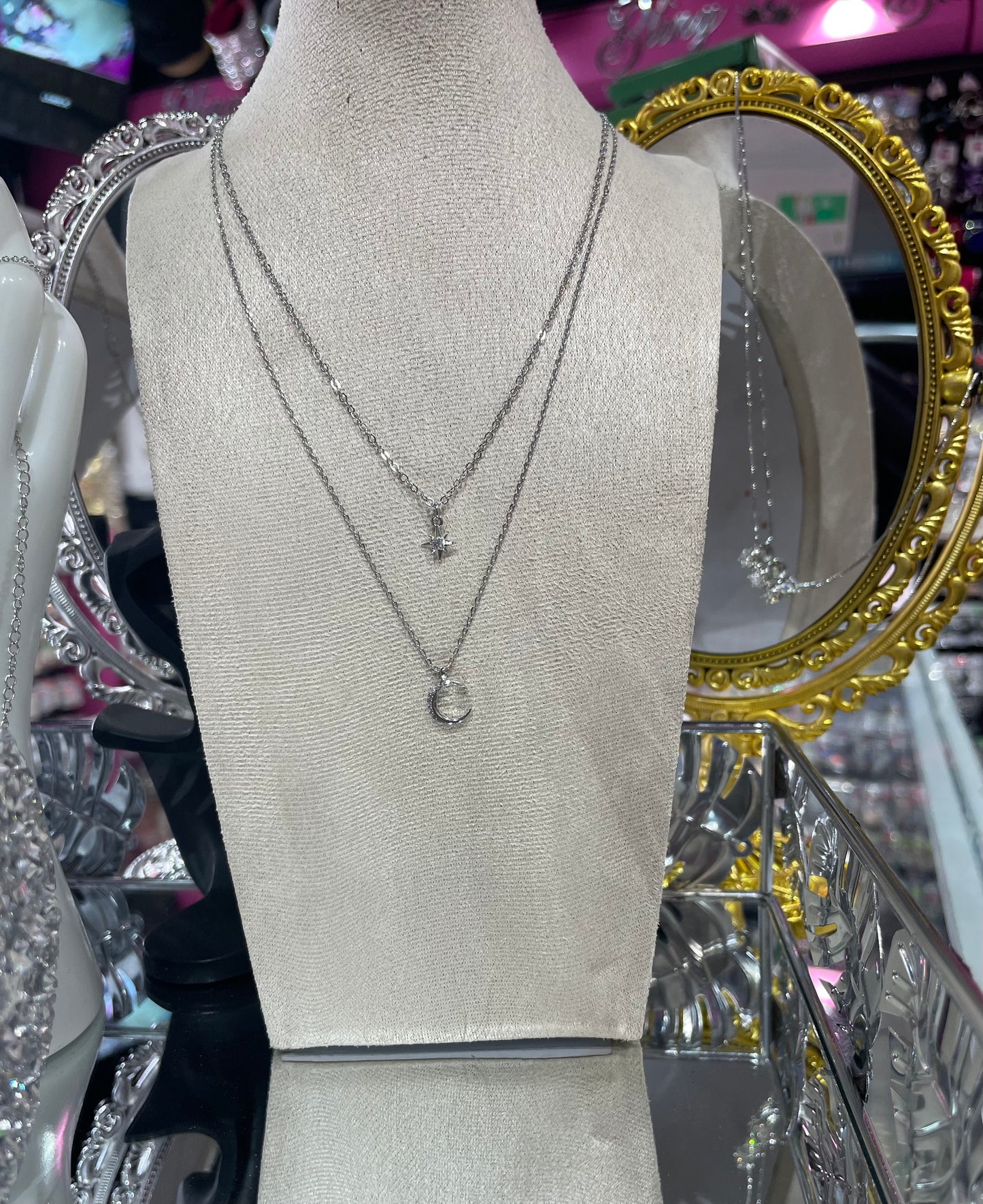 Collar de Zirconia con doble cadena y dije de Luna con Estrella - Bling Bling