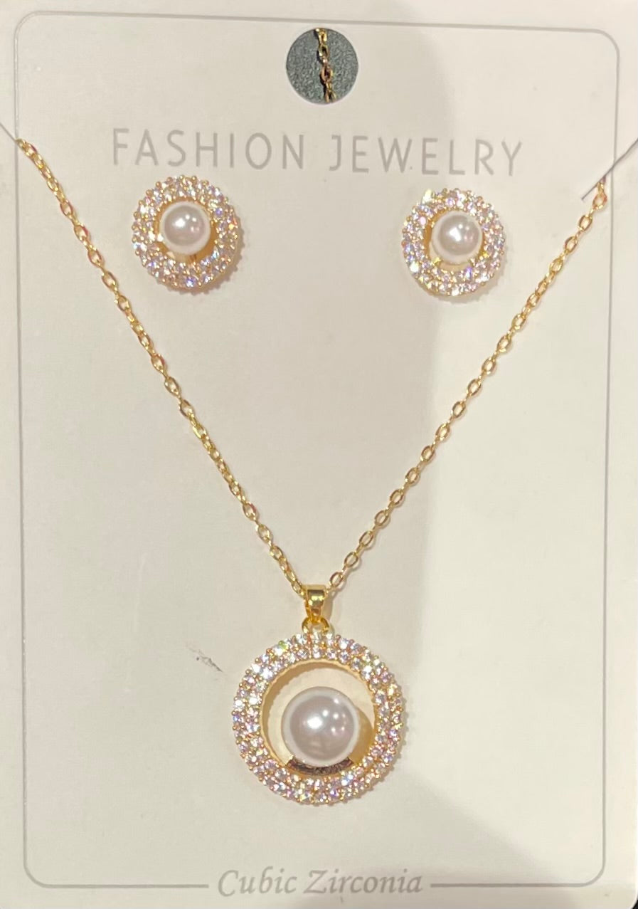 Conjunto de Collar y Aretes con Zirconia Brillante y Perla - Bling Bling