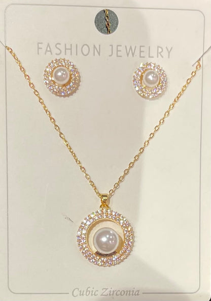Conjunto de Collar y Aretes con Zirconia Brillante y Perla - Bling Bling
