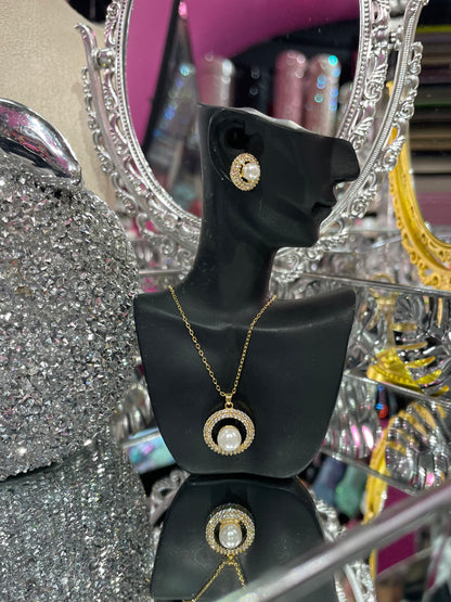Conjunto de Collar y Aretes con Zirconia Brillante y Perla - Bling Bling