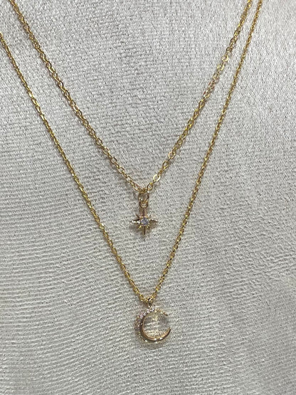 Collar de Zirconia con doble cadena y dije de Luna con Estrella - Bling Bling