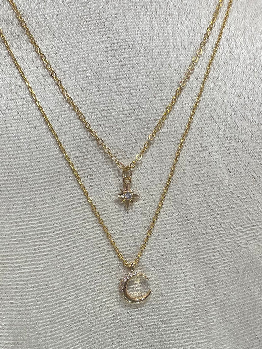 Collar de Zirconia con doble cadena y dije de Luna con Estrella - Bling Bling